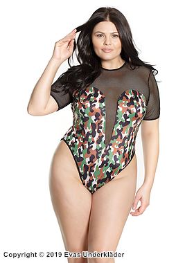 Teddy, small fishnet, short sleeves, keyhole, camouflage (pattern), plus size
